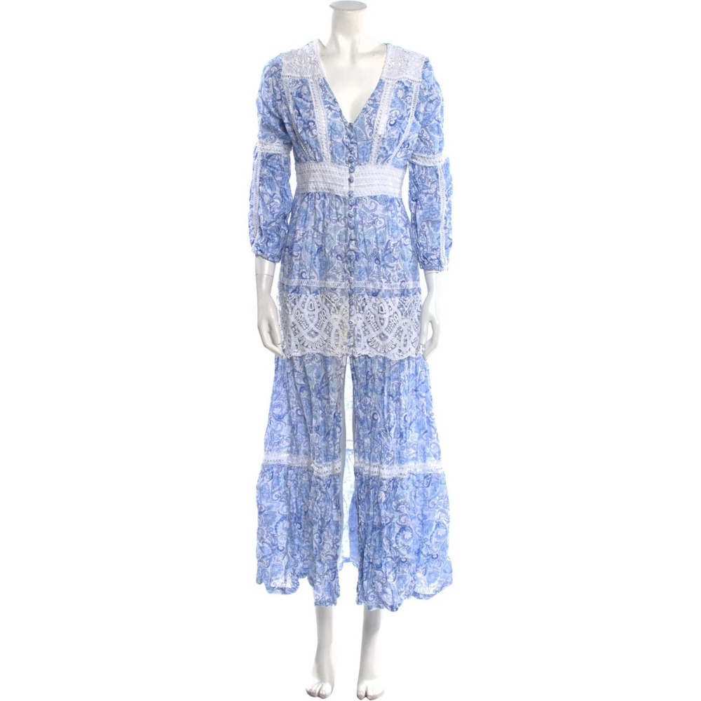 Temptation Positano Women Linen Maxi Dress XS Blue White‎ Tiered Crochet Lace
